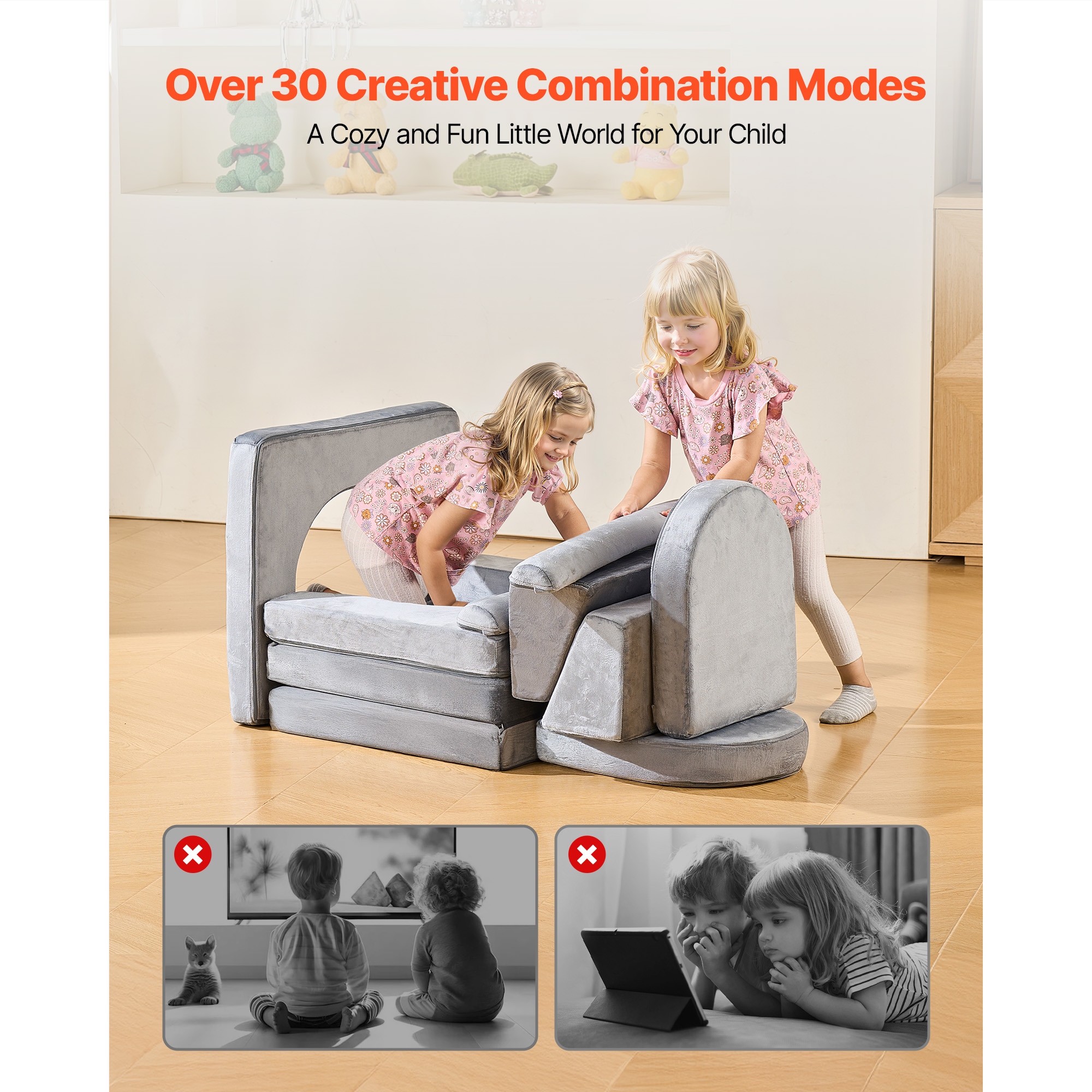 Modular Kids Play Couch Sectional Toddler Sofa With Armrests 10 Pcs Gray_voghion.com